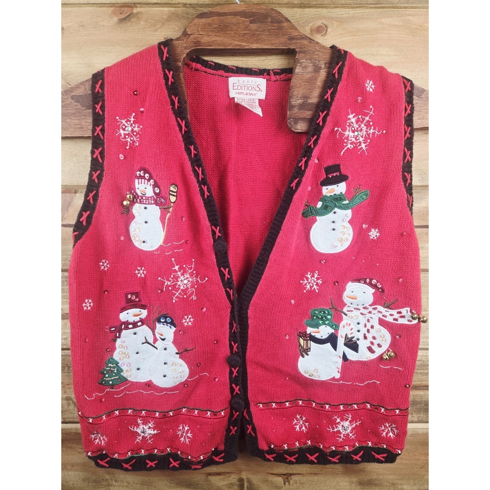 Basic Editions Holiday Sweater‎ Vest Womens XL  Red Christmas Snowman Snowflake